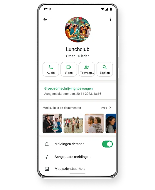 Scherm van een smartphone met een groepschat met de naam 'Lunch Club' met 5 leden, knoppen voor oproepen en zoeken en gedempte meldingen.