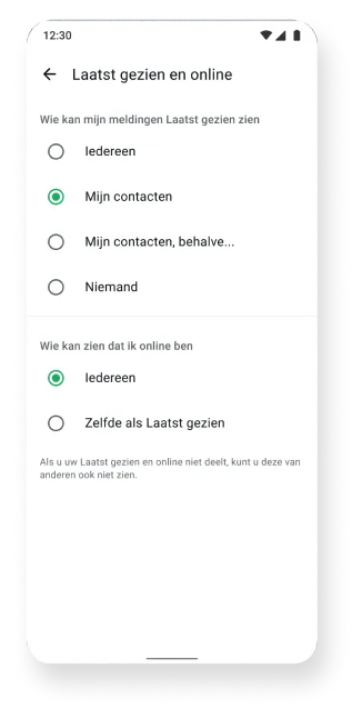 screenshot van functie laatst gezien и статус «В сети» in whatsapp-app