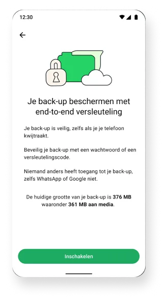 screenshot van functie voor end-to-end versleutelde резервные копии die draait op de achtergrond