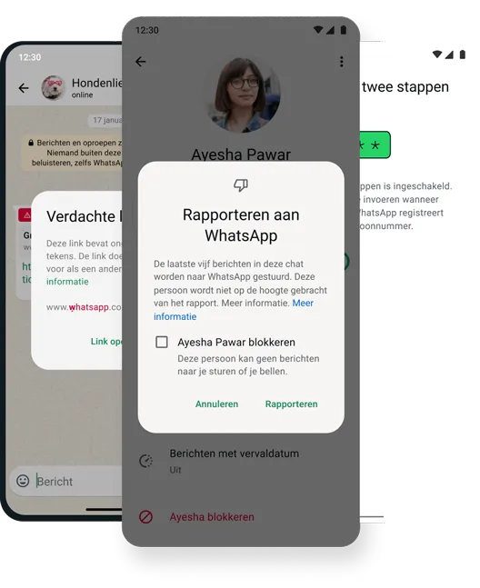 screenshot van beveiligings- и безопасностьsfunctie voor blokkeren en verwijderen in de whatsapp-app